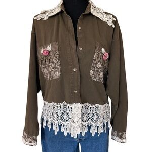 Upcycled Cropped Brown Button Front Rose Lace Shirt Taylor G Dallas Cottage- L